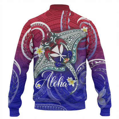 Hawaii Custom Personalised Baseball Jacket Kanaka Maoli Manta Ray With Turtle Plumeria Mixed Polynesian Style