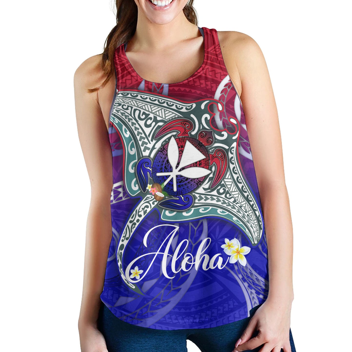 Hawaii Custom Personalised Women Tank Kanaka Maoli Manta Ray With Turtle Plumeria Mixed Polynesian Style