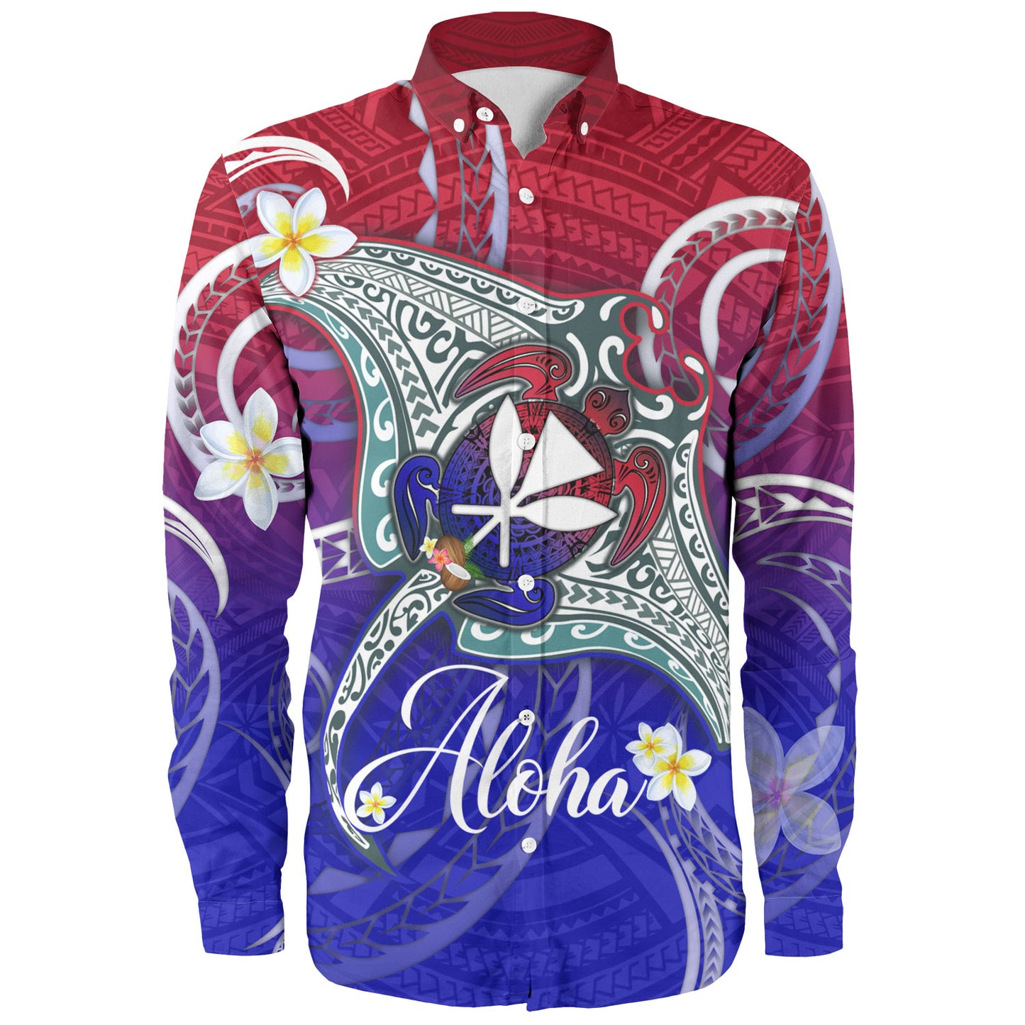 Hawaii Custom Personalised Long Sleeve Shirt Kanaka Maoli Manta Ray With Turtle Plumeria Mixed Polynesian Style