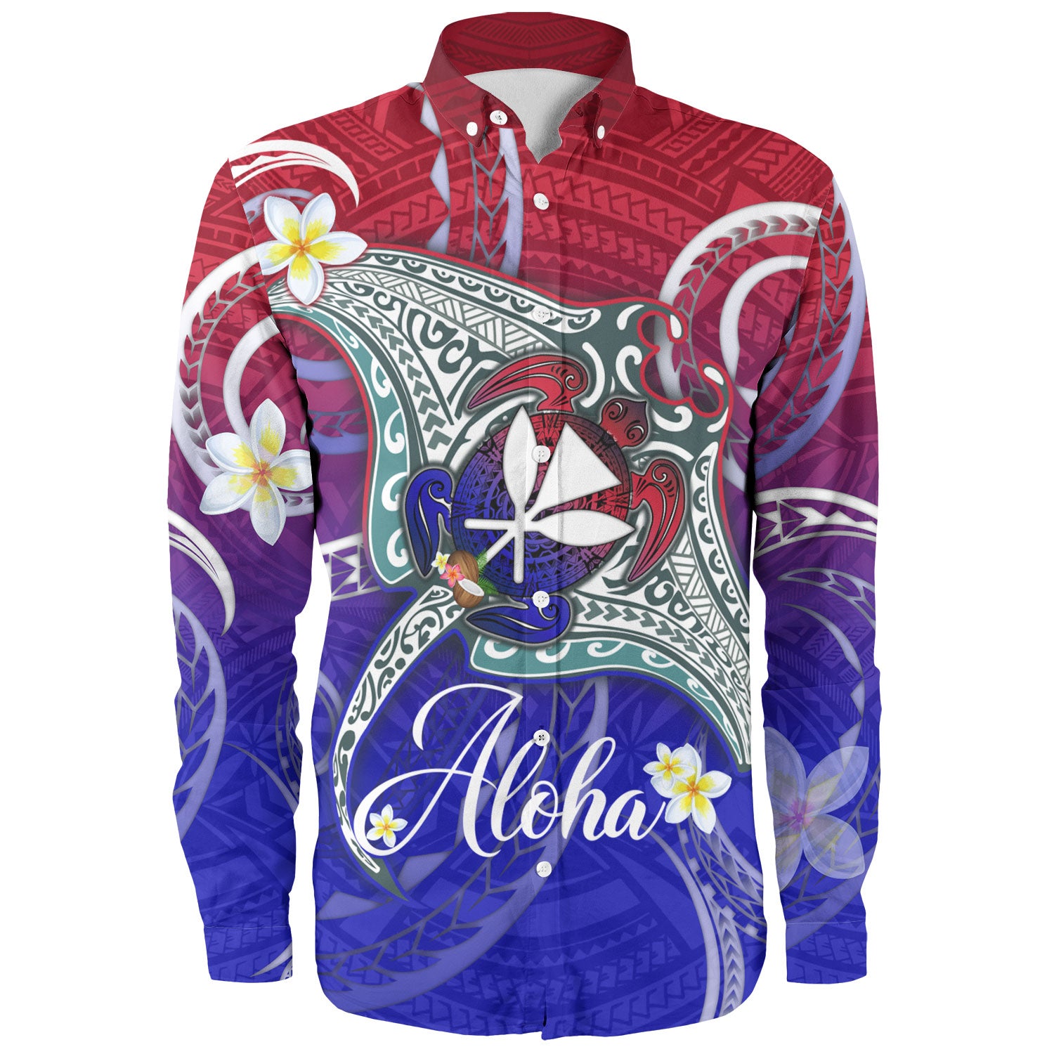 Hawaii Custom Personalised Long Sleeve Shirt Kanaka Maoli Manta Ray With Turtle Plumeria Mixed Polynesian Style