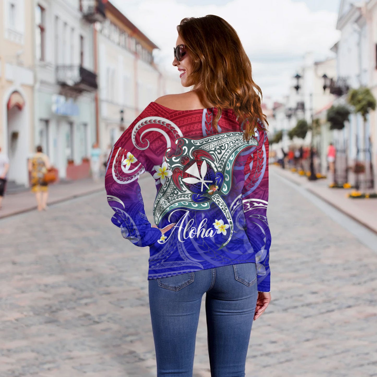 Hawaii Custom Personalised Off Shoulder Sweatshirt Kanaka Maoli Manta Ray With Turtle Plumeria Mixed Polynesian Style