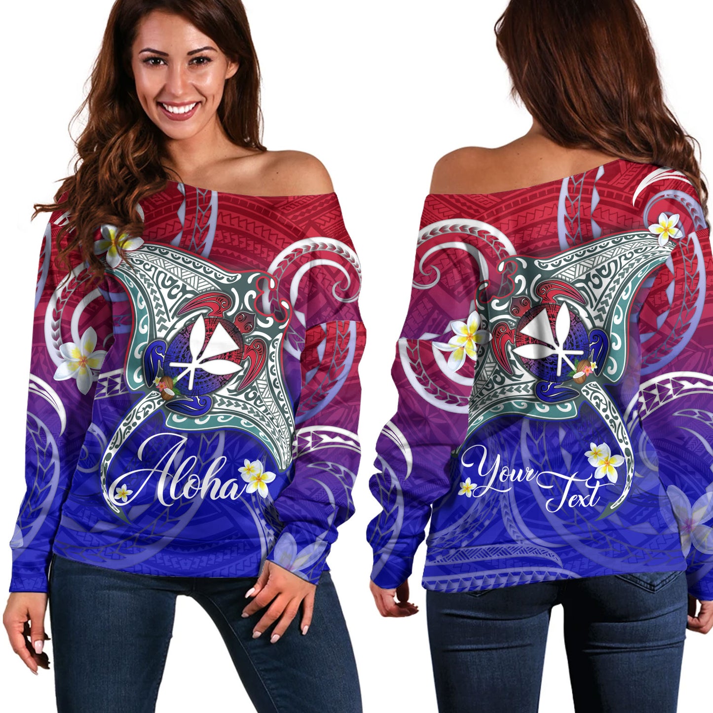 Hawaii Custom Personalised Off Shoulder Sweatshirt Kanaka Maoli Manta Ray With Turtle Plumeria Mixed Polynesian Style