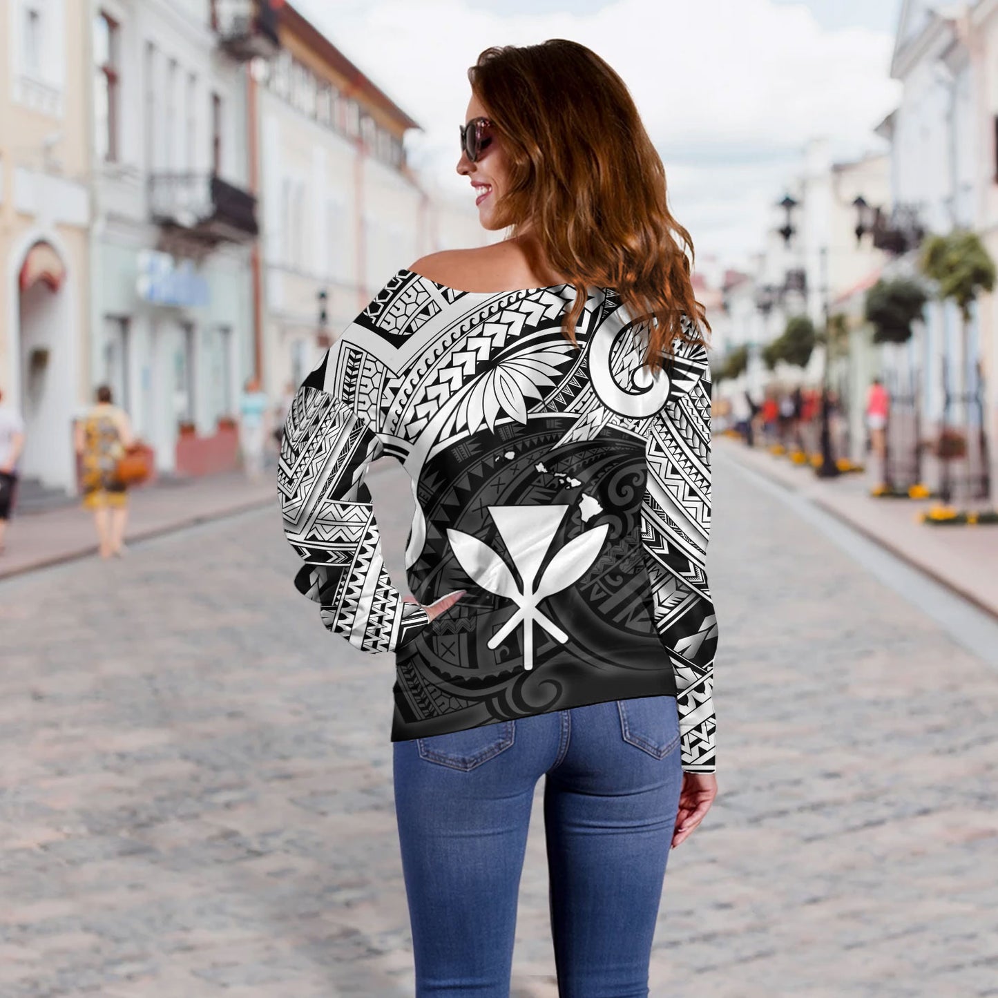 Hawaii Off Shoulder Sweatshirt Kanaka Maoli Map Polynesian Tatau