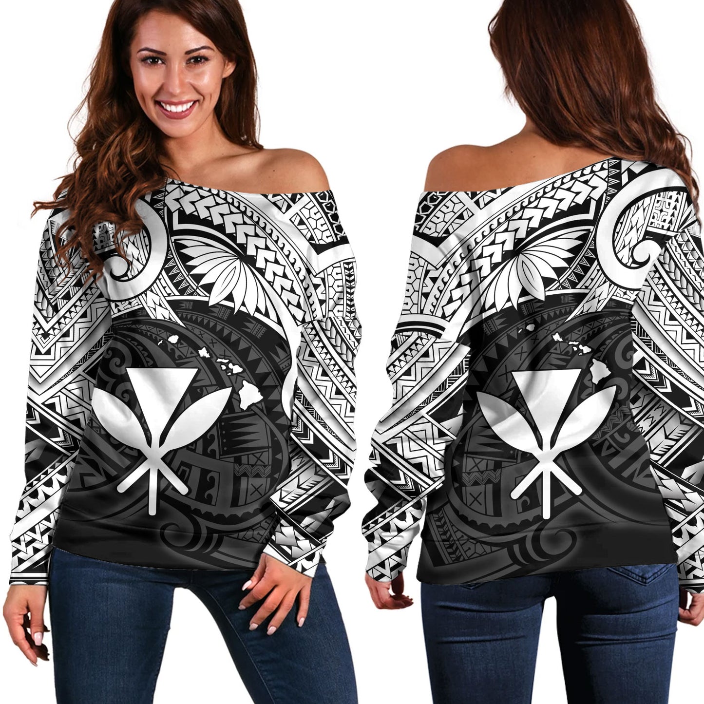 Hawaii Off Shoulder Sweatshirt Kanaka Maoli Map Polynesian Tatau