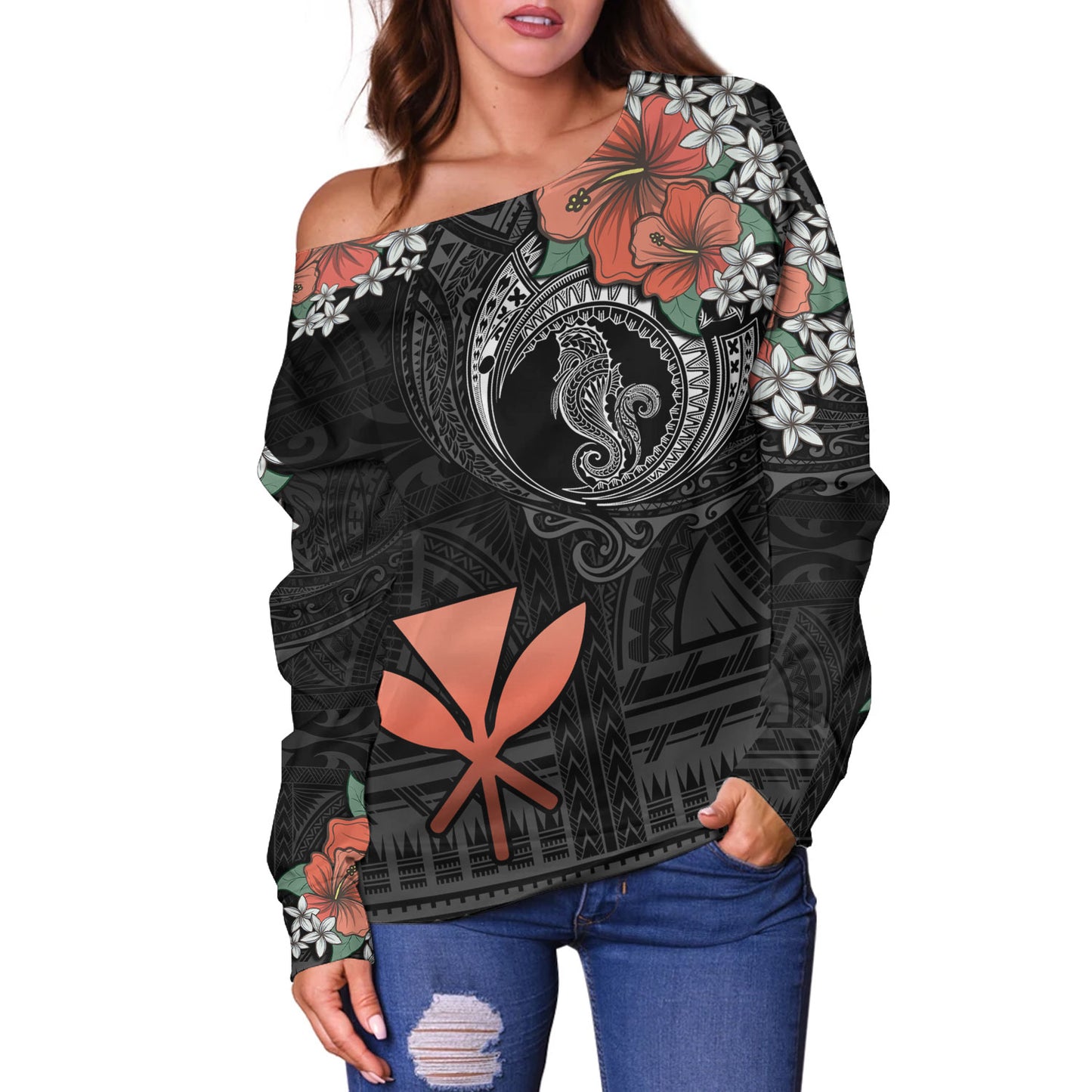 Hawaii Off Shoulder Sweatshirt Kanaka Maoli Seahorse Polynesian Tattoo