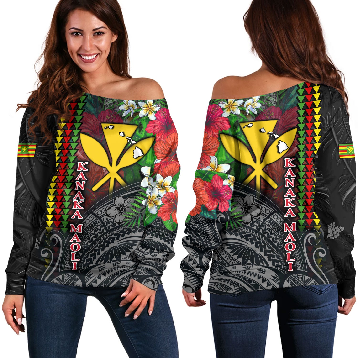 Hawaii Custom Personalised Off Shoulder Sweatshirt Hibiscus And Plumeria With Palm Branches Vintage Style