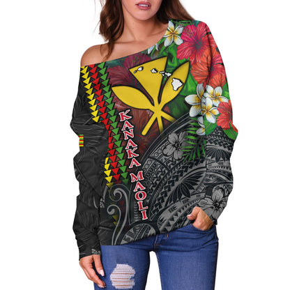 Hawaii Custom Personalised Off Shoulder Sweatshirt Hibiscus And Plumeria With Palm Branches Vintage Style