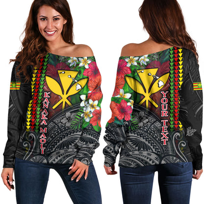 Hawaii Custom Personalised Off Shoulder Sweatshirt Hibiscus And Plumeria With Palm Branches Vintage Style