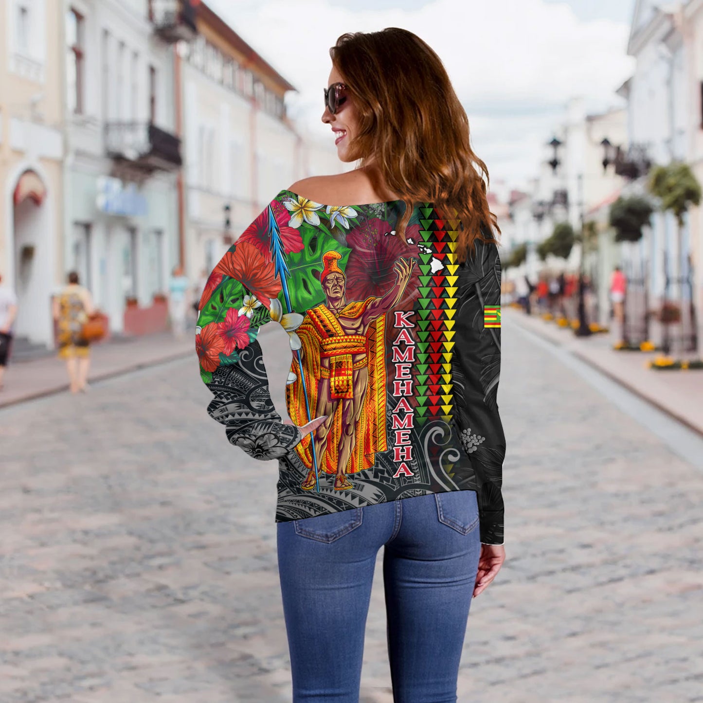 Hawaii Custom Personalised Off Shoulder Sweatshirt King Kamehameha Hibiscus And Plumeria With Palm Branches Vintage Style