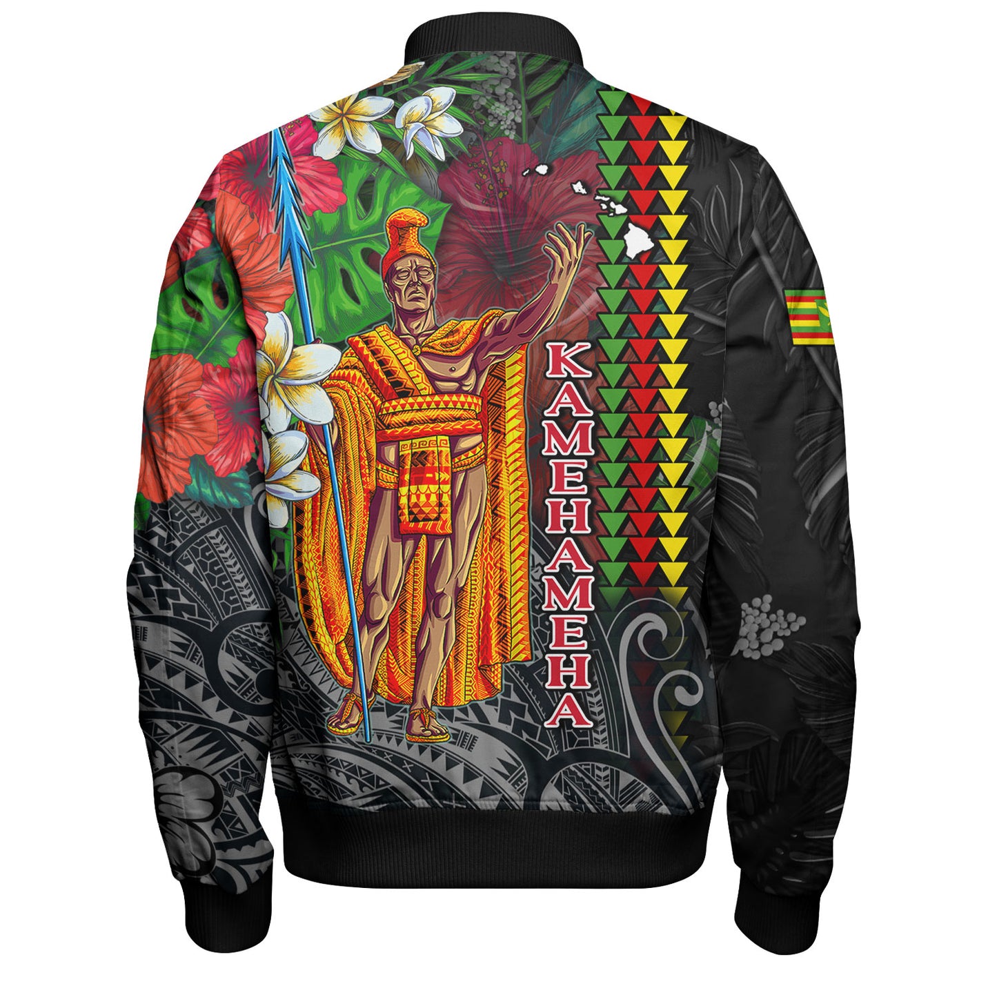 Hawaii Custom Personalised Bomber Jacket King Kamehameha Hibiscus And Plumeria With Palm Branches Vintage Style