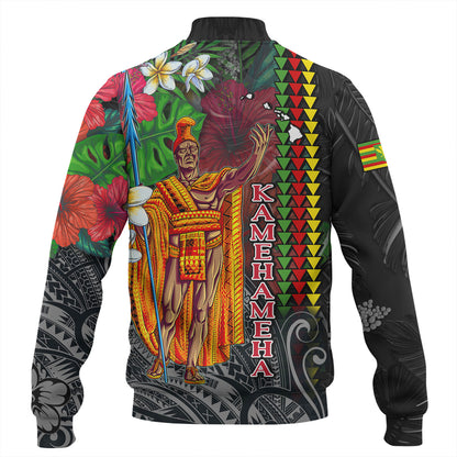 Hawaii Custom Perosnalised Baseball Jacket King Kamehameha Hibiscus And Plumeria With Palm Branches Vintage Style