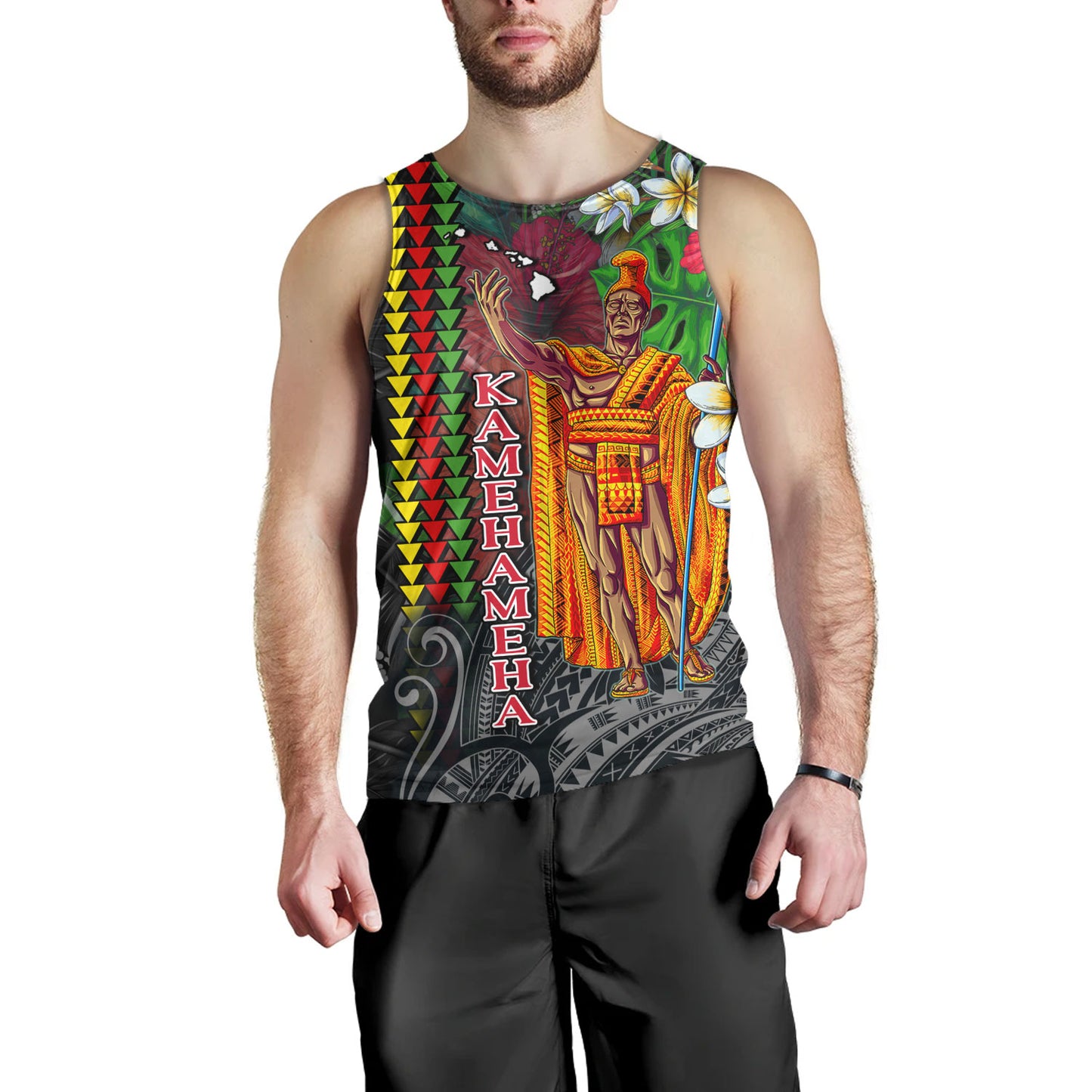 Hawaii Custom Perosnalised Tank Top King Kamehameha Hibiscus And Plumeria With Palm Branches Vintage Style