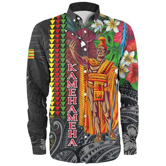 Hawaii Custom Personalised Long Sleeve Shirt King Kamehameha Hibiscus And Plumeria With Palm Branches Vintage Style