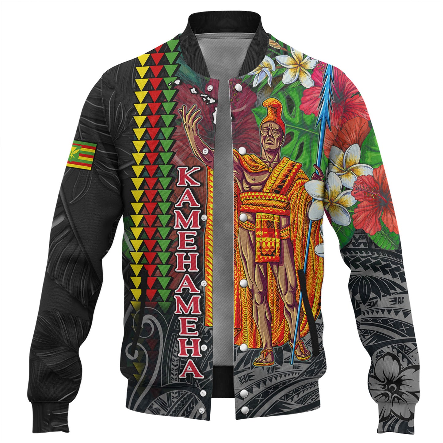 Hawaii Custom Perosnalised Baseball Jacket King Kamehameha Hibiscus And Plumeria With Palm Branches Vintage Style