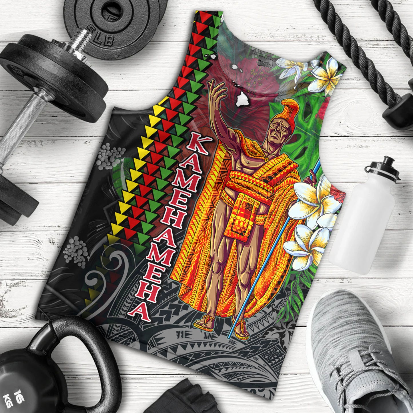 Hawaii Custom Perosnalised Tank Top King Kamehameha Hibiscus And Plumeria With Palm Branches Vintage Style