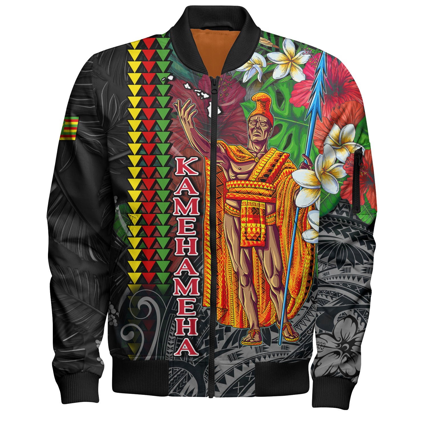 Hawaii Custom Personalised Bomber Jacket King Kamehameha Hibiscus And Plumeria With Palm Branches Vintage Style