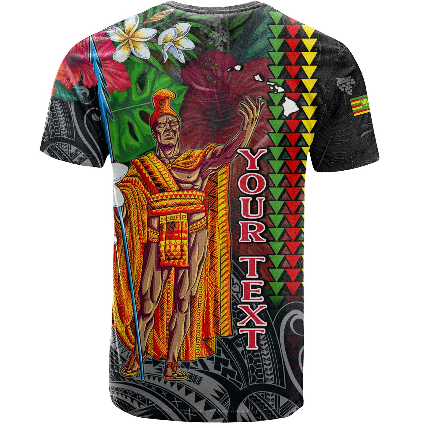 Hawaii Custom Perosnalised T-Shirt King Kamehameha Hibiscus And Plumeria With Palm Branches Vintage Style
