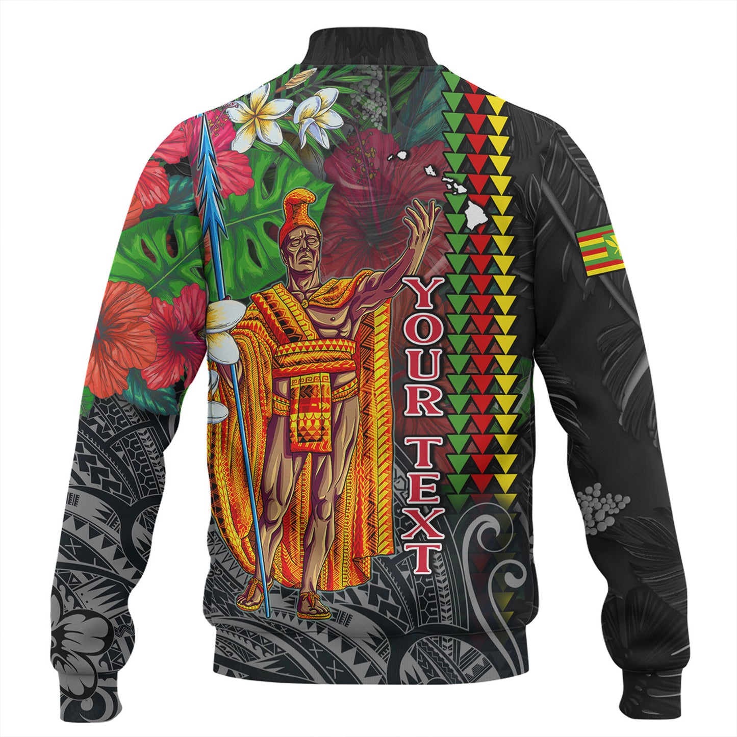 Hawaii Custom Perosnalised Baseball Jacket King Kamehameha Hibiscus And Plumeria With Palm Branches Vintage Style