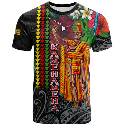 Hawaii Custom Perosnalised T-Shirt King Kamehameha Hibiscus And Plumeria With Palm Branches Vintage Style