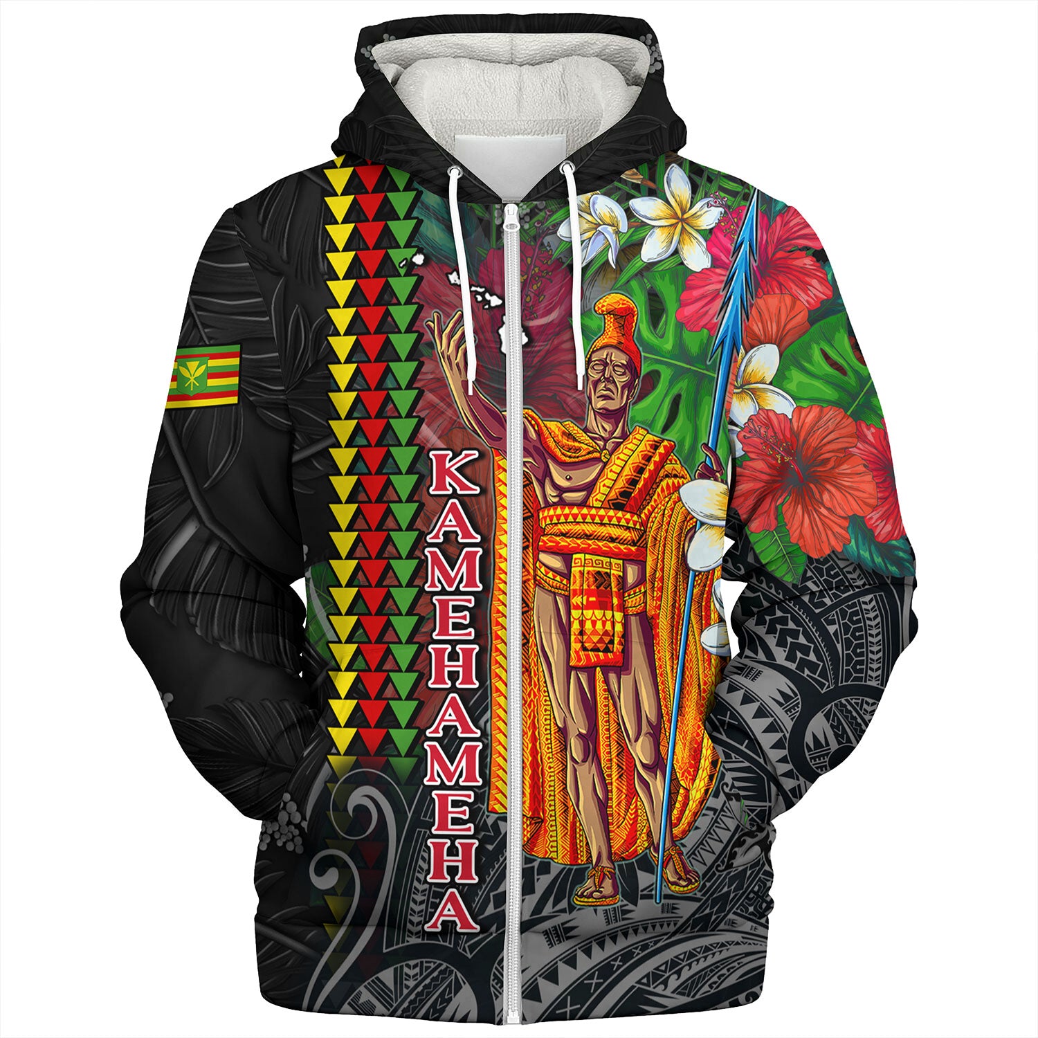 Hawaii Custom Perosnalised Sherpa Hoodie King Kamehameha Hibiscus And Plumeria With Palm Branches Vintage Style