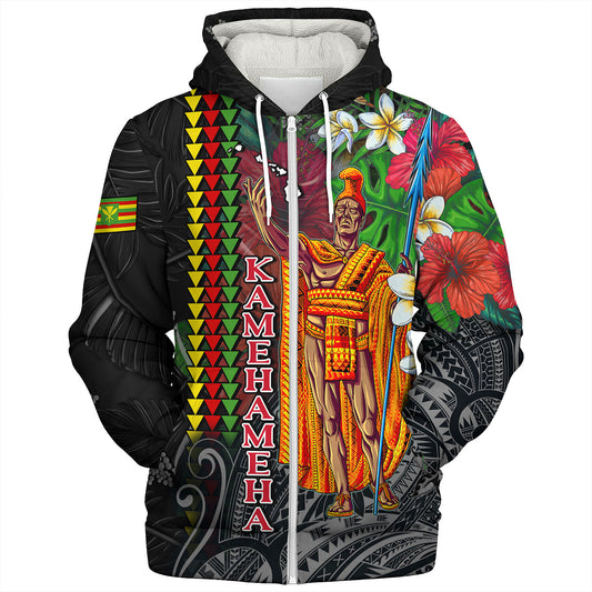 Hawaii Custom Perosnalised Sherpa Hoodie King Kamehameha Hibiscus And Plumeria With Palm Branches Vintage Style