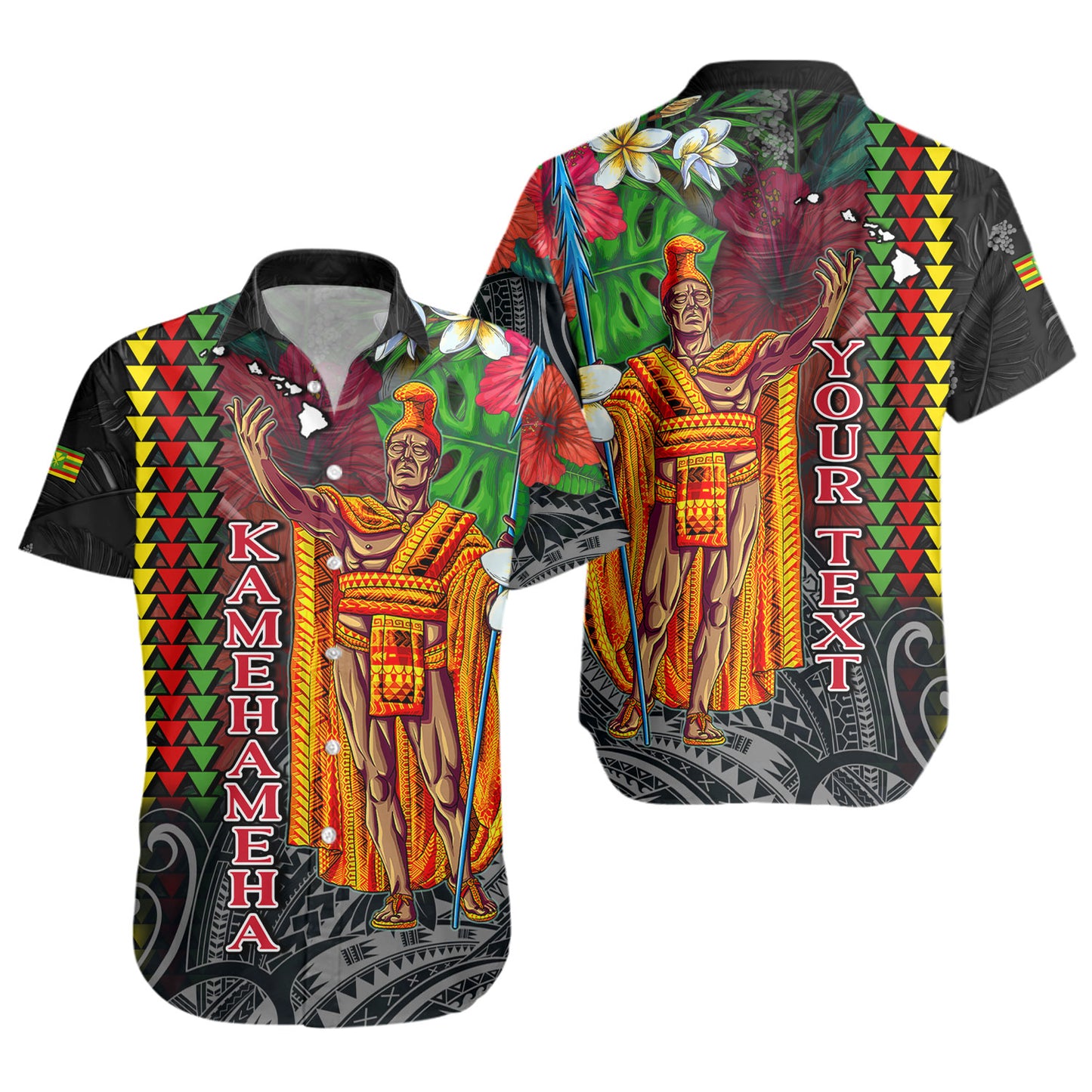 Hawaii Custom Personalised Short Sleeve Shirt King Kamehameha Hibiscus And Plumeria With Palm Branches Vintage Style