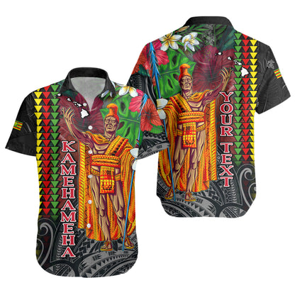 Hawaii Custom Personalised Short Sleeve Shirt King Kamehameha Hibiscus And Plumeria With Palm Branches Vintage Style