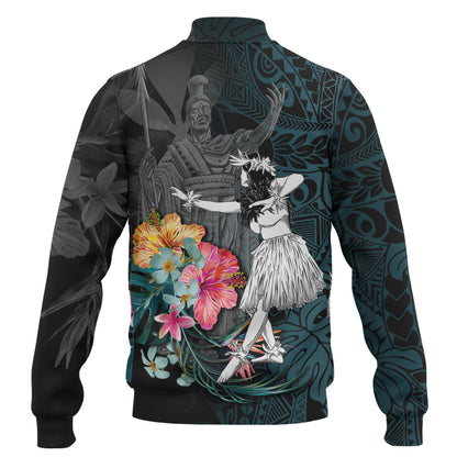 Hawaii Baseball Jacket King Kamehameha With Hawaiian Girls Tropical Flowers