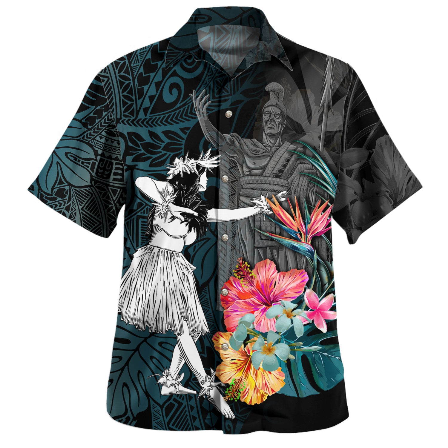 Hawaii Hawaiian Shirt King Kamehameha With Hawaiian Girls Tropical Flowers
