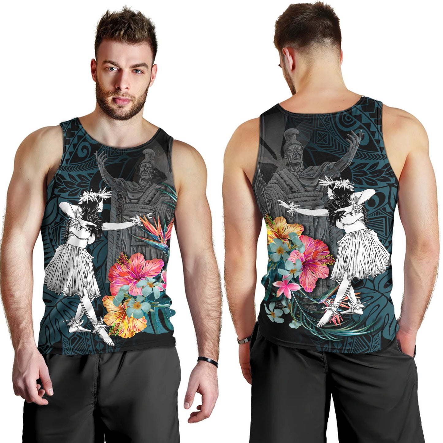 Hawaii Tank Top King Kamehameha With Hawaiian Girls Tropical Flowers
