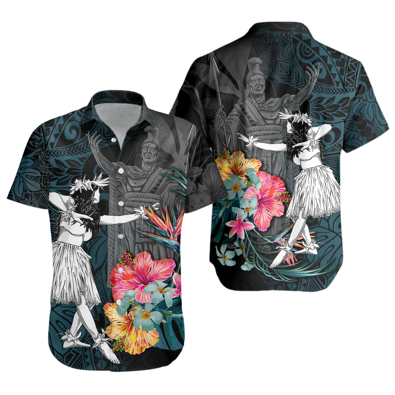 Hawaii Short Sleeve Shirt King Kamehameha With Hawaiian Girls Tropical Flowers