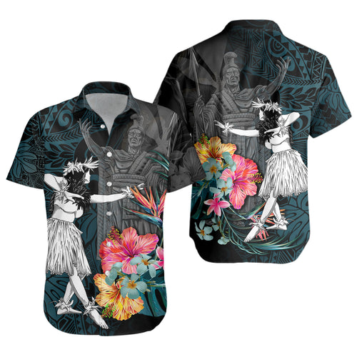 Hawaii Short Sleeve Shirt King Kamehameha With Hawaiian Girls Tropical Flowers