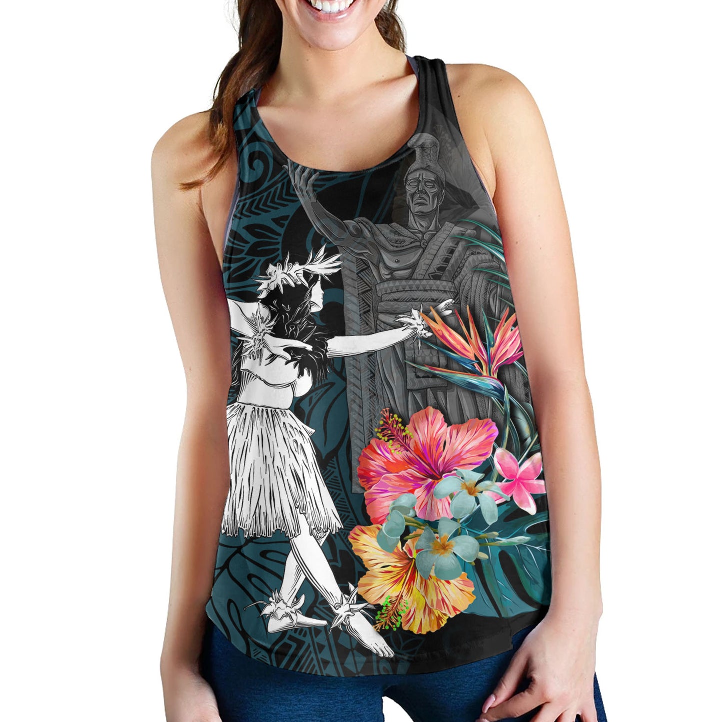 Hawaii Women Tank King Kamehameha With Hawaiian Girls Tropical Flowers