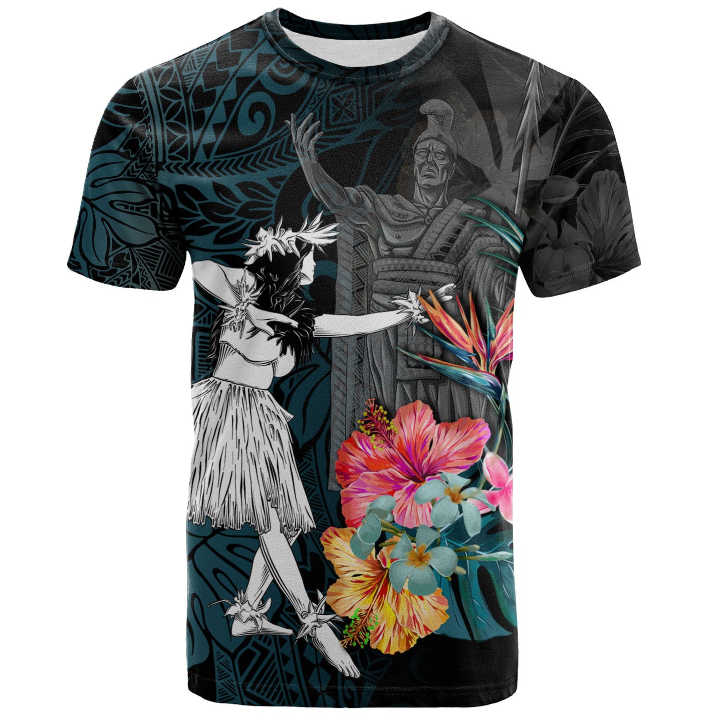 Hawaii T-Shirt King Kamehameha With Hawaiian Girls Tropical Flowers