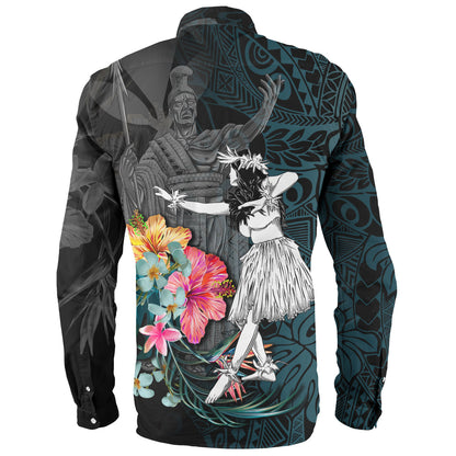 Hawaii Long Sleeve Shirt King Kamehameha With Hawaiian Girls Tropical Flowers