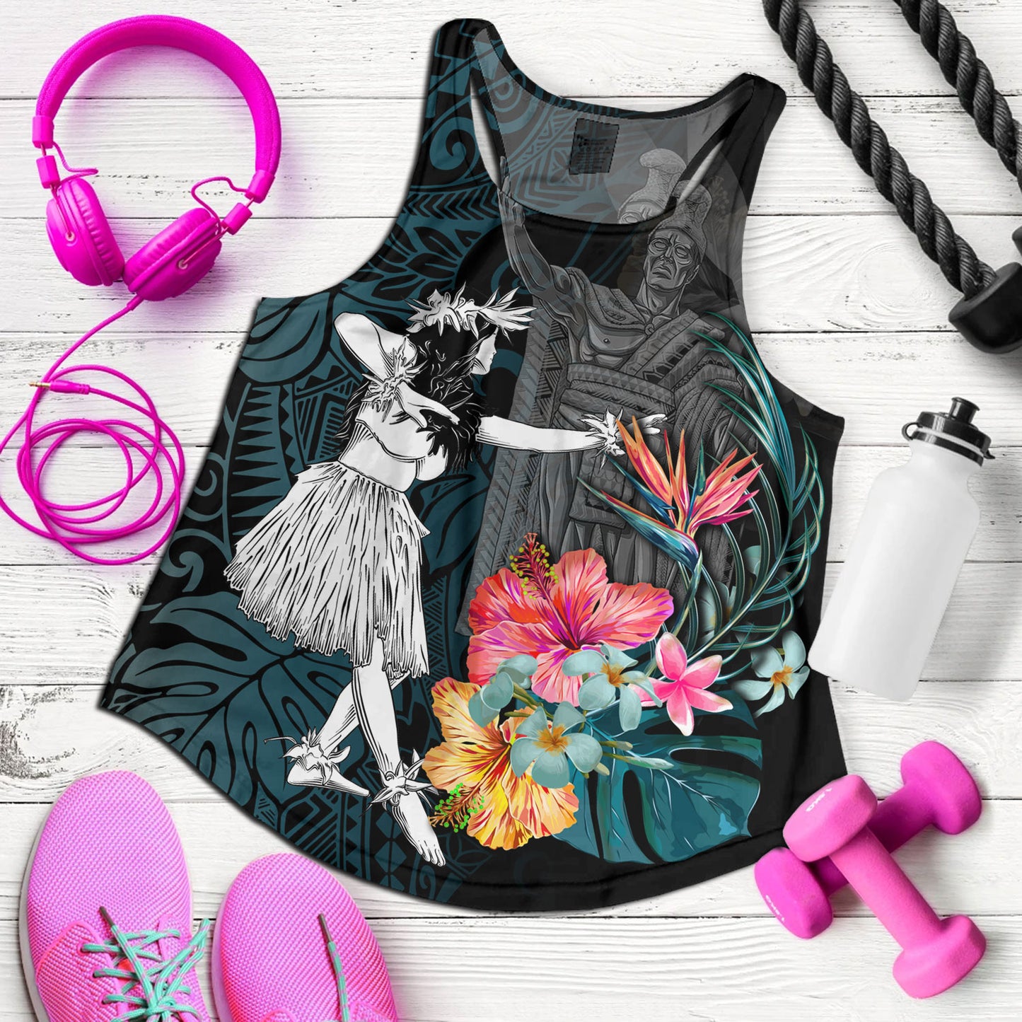 Hawaii Women Tank King Kamehameha With Hawaiian Girls Tropical Flowers