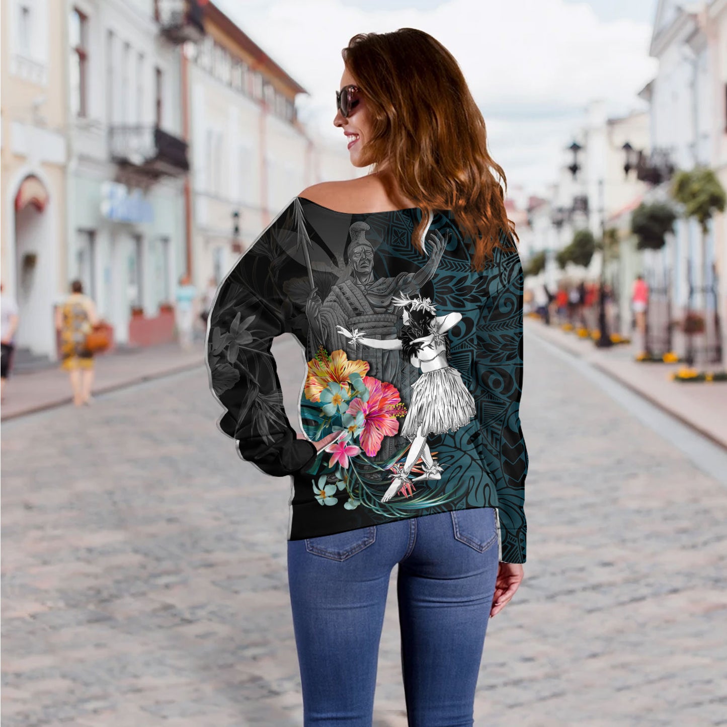 Hawaii Off Shoulder Sweatshirt King Kamehameha With Hawaiian Girls Tropical Flowers