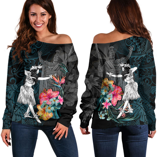 Hawaii Off Shoulder Sweatshirt King Kamehameha With Hawaiian Girls Tropical Flowers