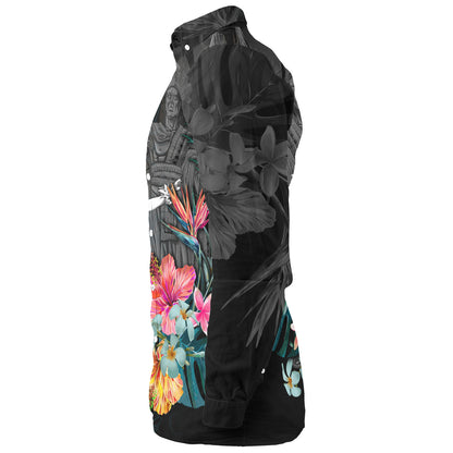 Hawaii Long Sleeve Shirt King Kamehameha With Hawaiian Girls Tropical Flowers