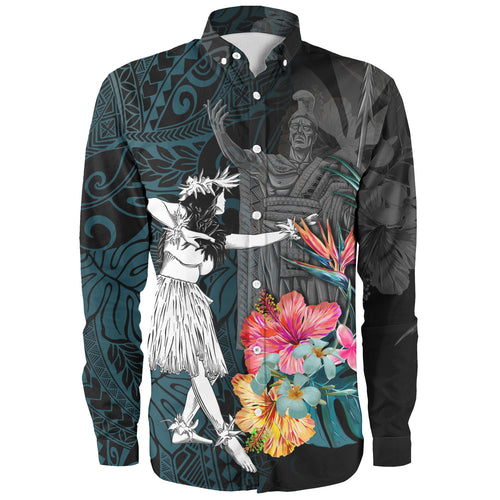 Hawaii Long Sleeve Shirt King Kamehameha With Hawaiian Girls Tropical Flowers