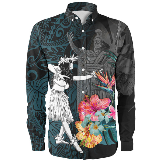 Hawaii Long Sleeve Shirt King Kamehameha With Hawaiian Girls Tropical Flowers