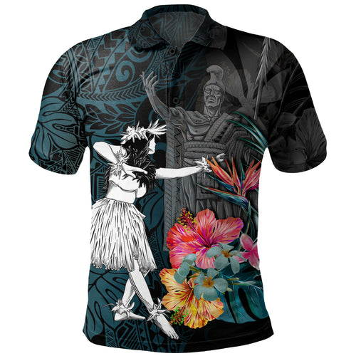 Hawaii Polo Shirt King Kamehameha With Hawaiian Girls Tropical Flowers