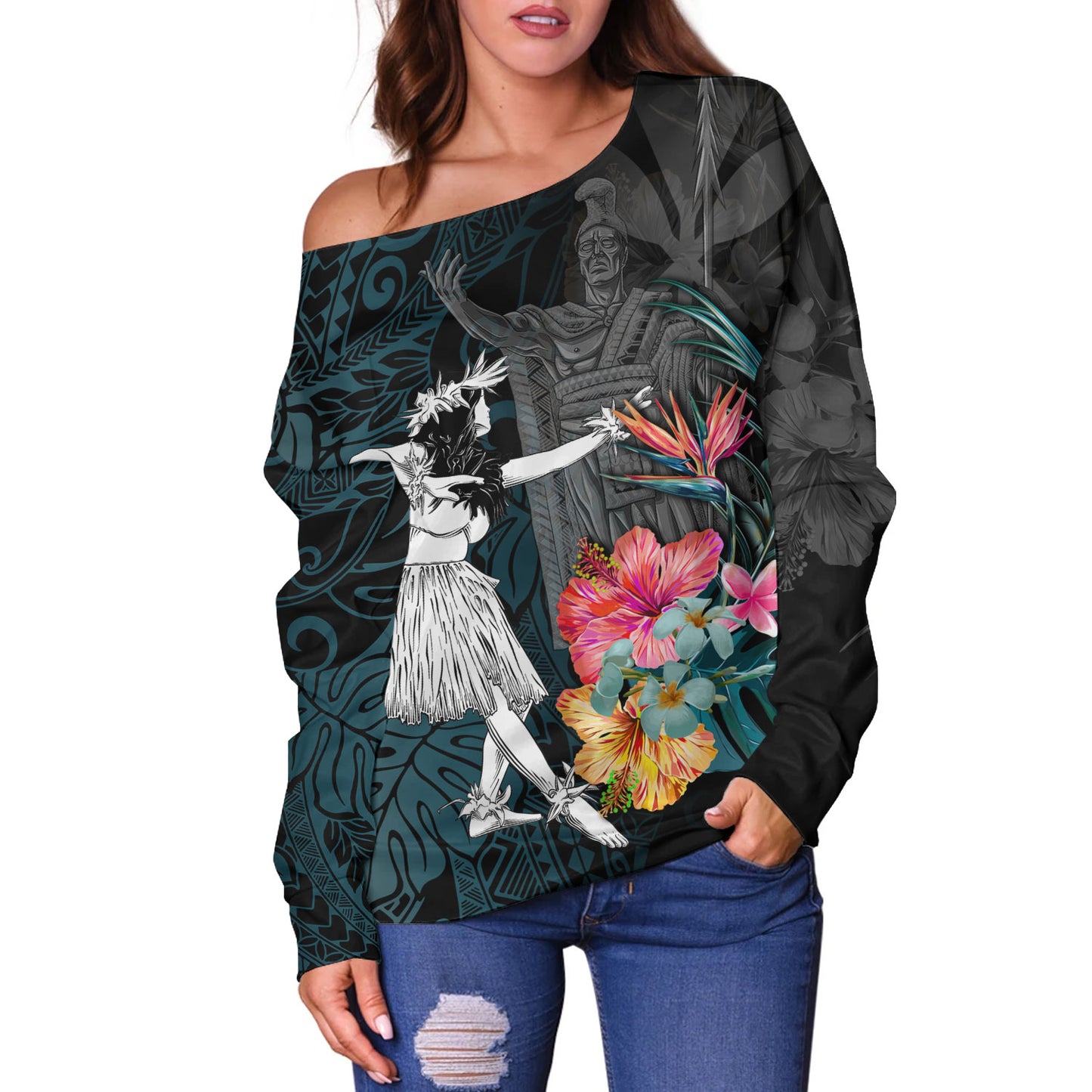 Hawaii Off Shoulder Sweatshirt King Kamehameha With Hawaiian Girls Tropical Flowers
