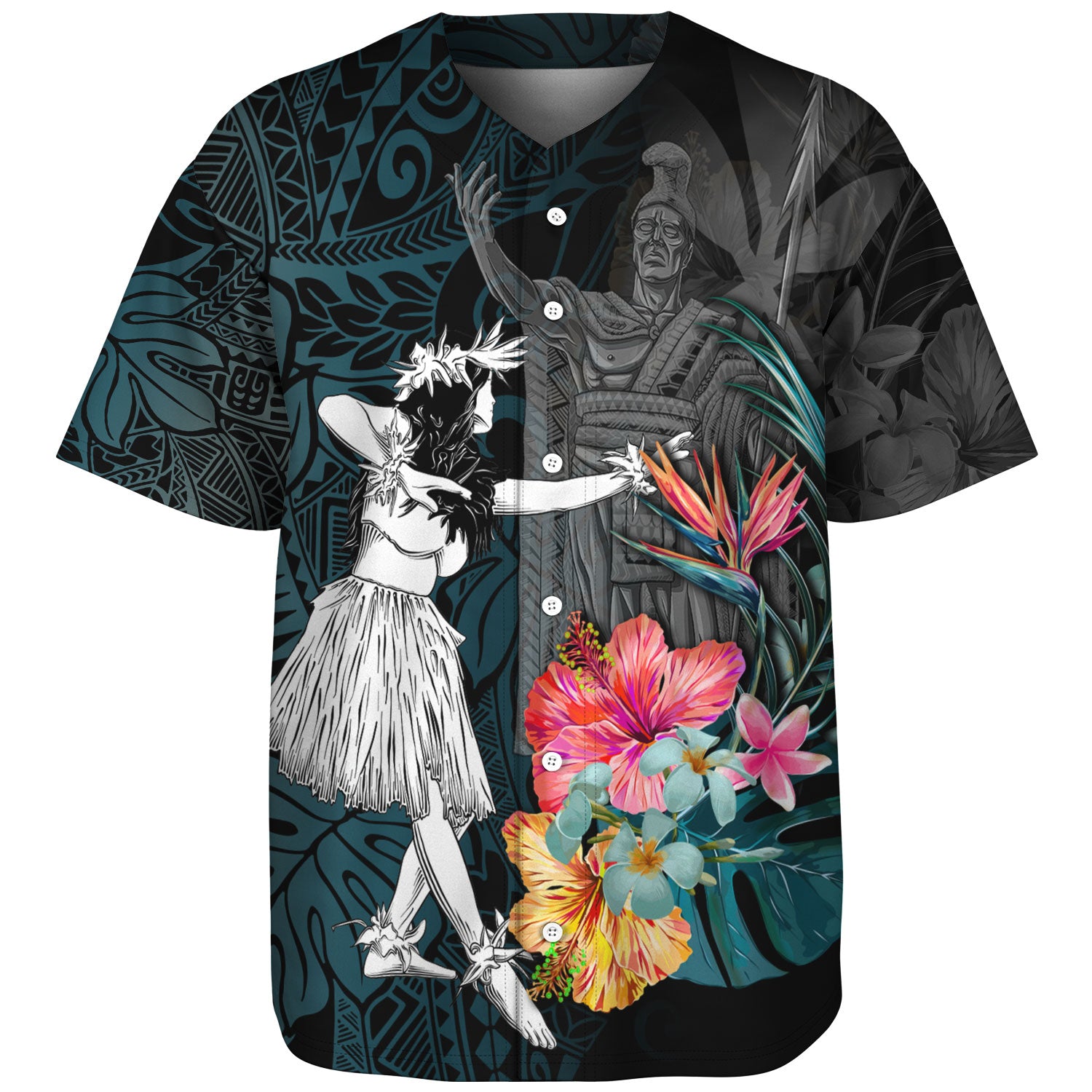 Hawaii Baseball Shirt King Kamehameha With Hawaiian Girls Tropical Flowers