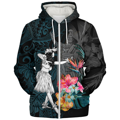 Hawaii Sherpa Hoodie King Kamehameha With Hawaiian Girls Tropical Flowers