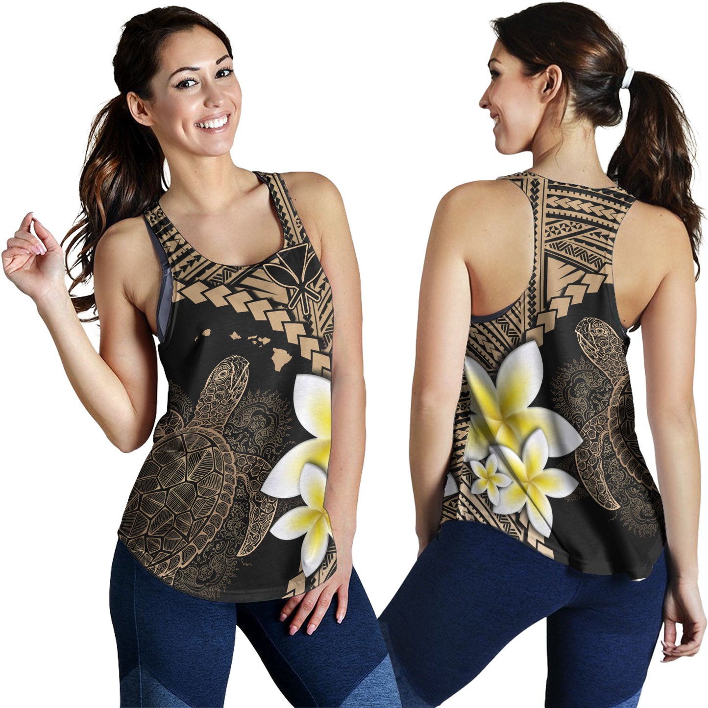 Hawaii Custom Personalised Women Tank Plumeria Sea Turtle Tattoo Tribal Design