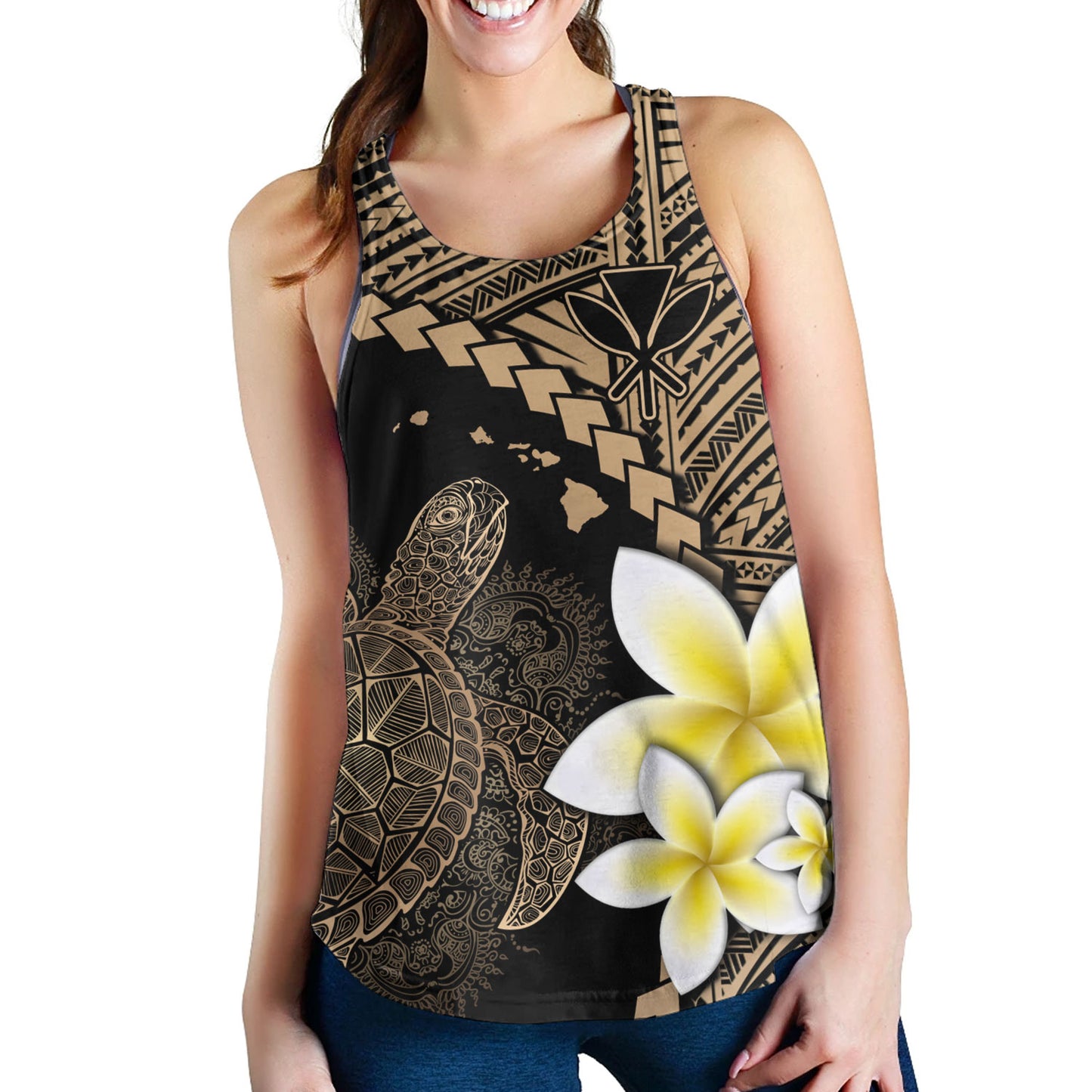 Hawaii Custom Personalised Women Tank Plumeria Sea Turtle Tattoo Tribal Design
