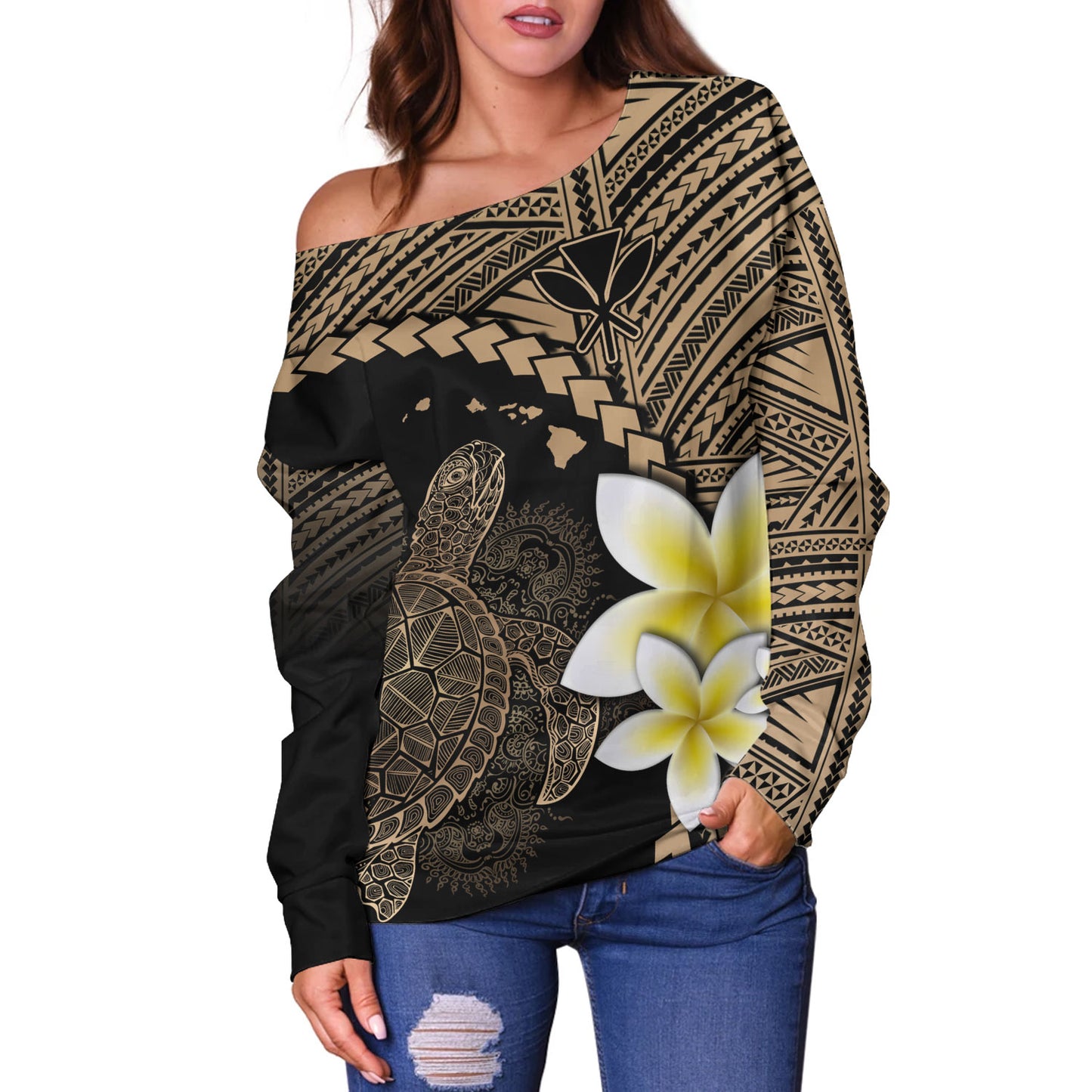 Hawaii Custom Personalised Off Shoulder Sweatshirt Plumeria Sea Turtle Tattoo Tribal Design