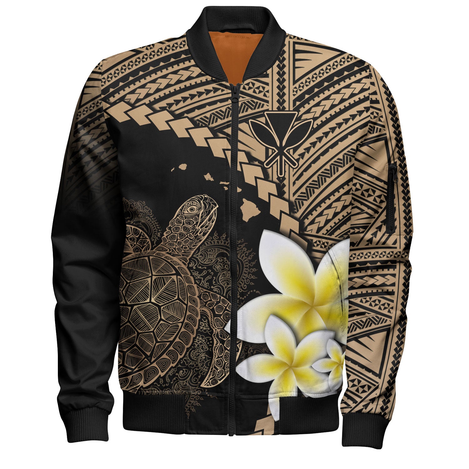 Hawaii Custom Personalised Bomber Jacket Plumeria Sea Turtle Tattoo Tribal Design