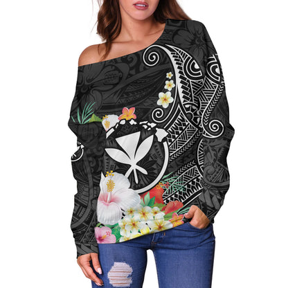Hawaii Off Shoulder Sweatshirt Custom Polynesian Curve Pattern Design With Tropical Floral Collection